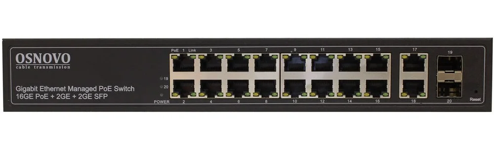 Коммутатор PoE коммутатор FE, 16 *10/100 Base-T с PoE, 2 x GE Uplink (RJ45), 1 x GE SFP Uplink, мощность PoE на порт до 30W, суммарно PoE до 292W