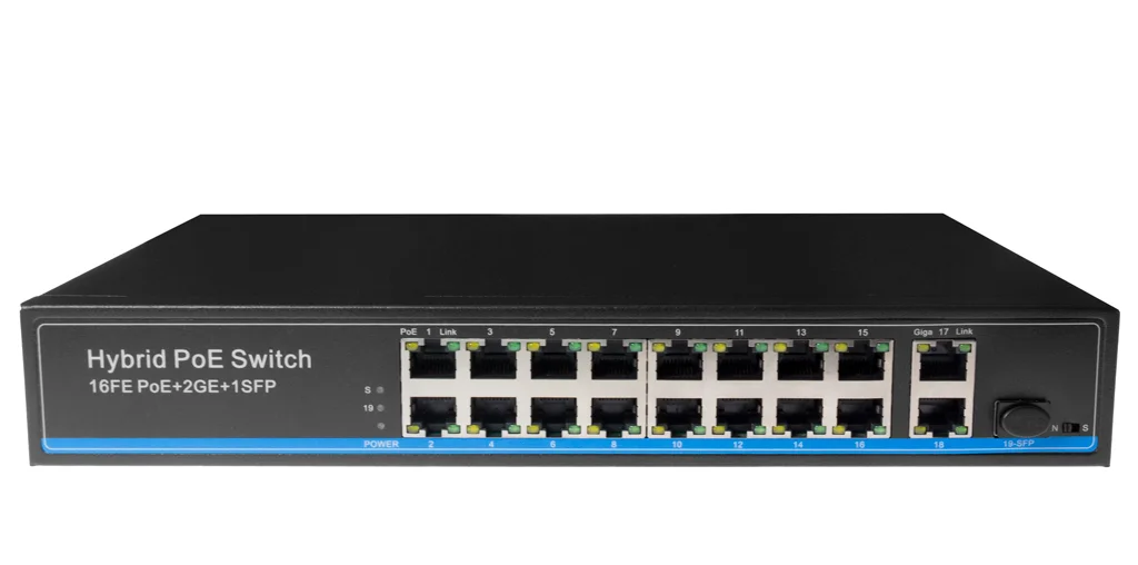 Коммутатор PoE коммутатор FE, 16 *10/100 Base-T с PoE, 2 x GE Uplink (RJ45), 1 x GE SFP Uplink, мощность PoE на порт до 30W, суммарно PoE до 292W