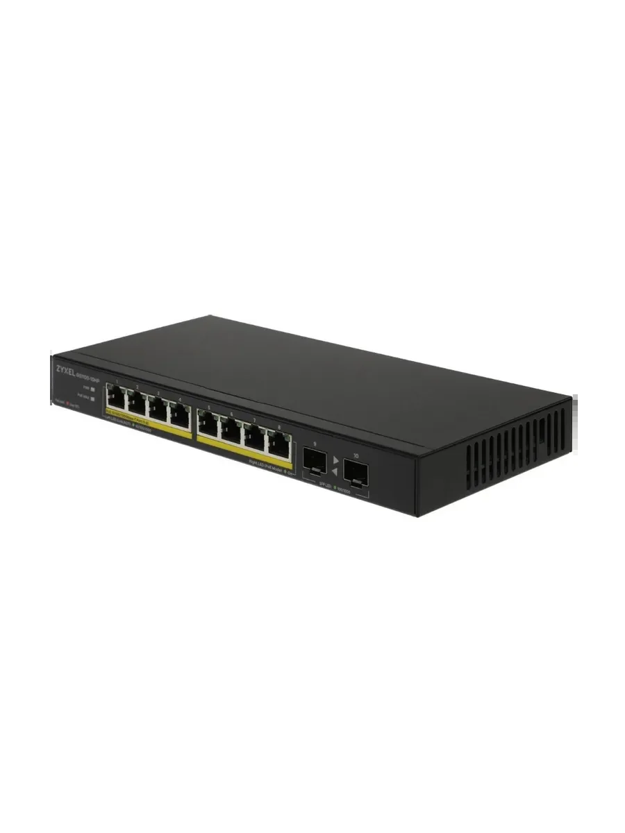 Коммутатор PoE+ Zyxel GS1100-10HP, 8xGE PoE+, 2xSFP, настольный, бесшумный, бюджет PoE 130 Вт