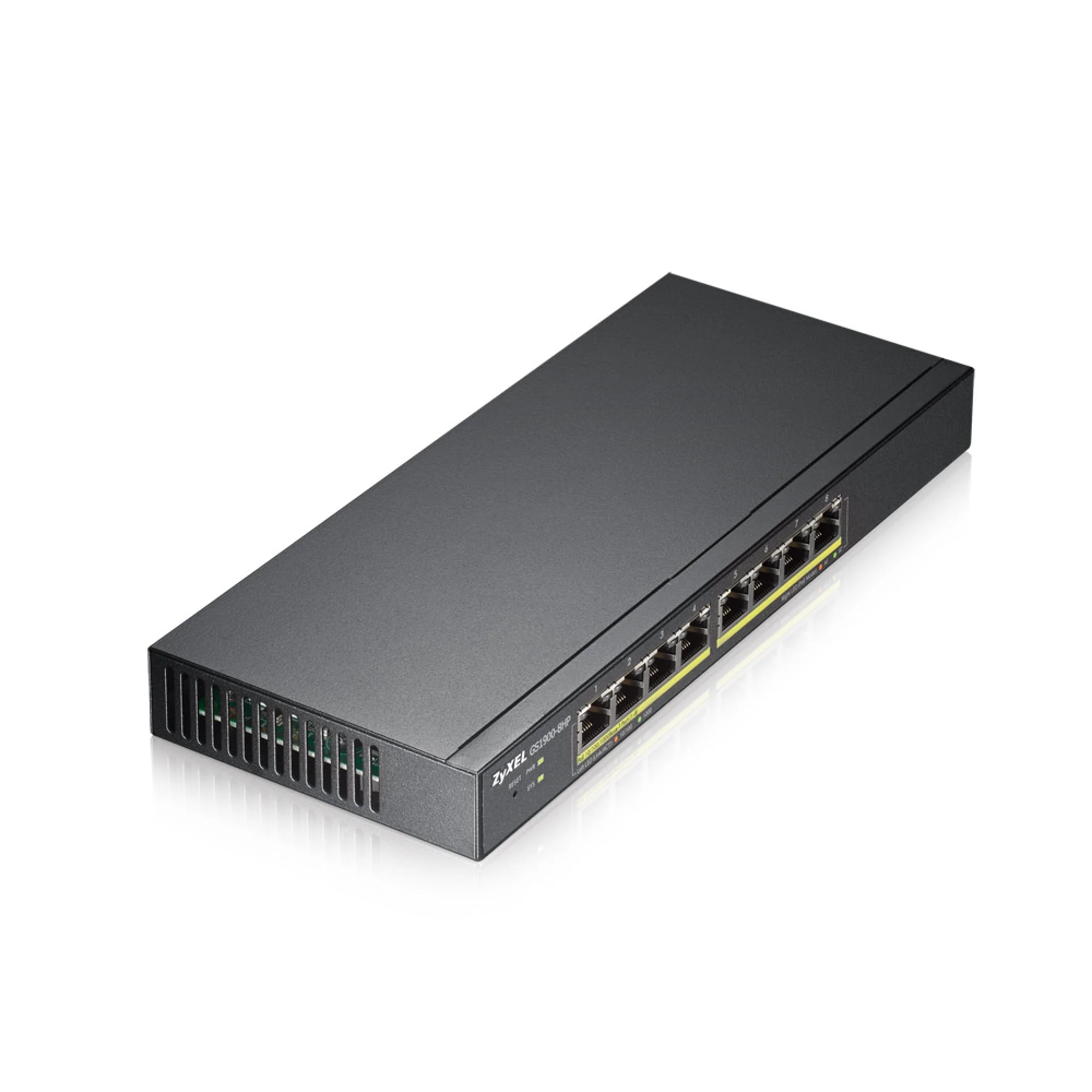 Коммутатор PoE+ Zyxel GS1100-10HP, 8xGE PoE+, 2xSFP, настольный, бесшумный, бюджет PoE 130 Вт