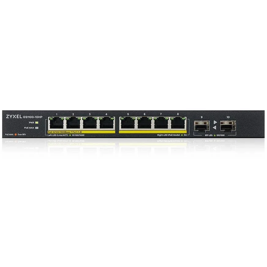 Коммутатор PoE+ Zyxel GS1100-10HP, 8xGE PoE+, 2xSFP, настольный, бесшумный, бюджет PoE 130 Вт