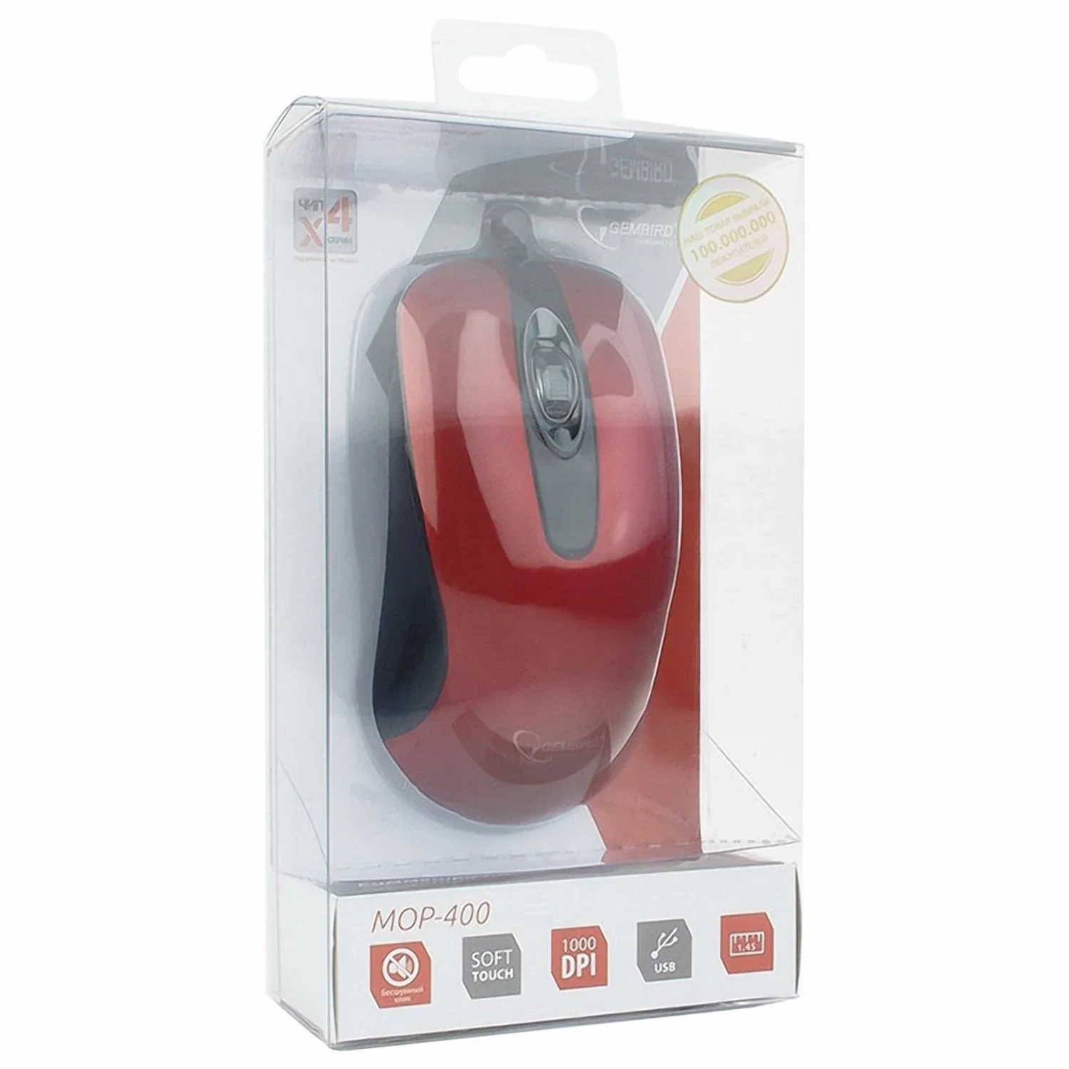 Мышь проводная Gembird MOP-400-R красный, 1000 dpi, USB, кнопки - 3