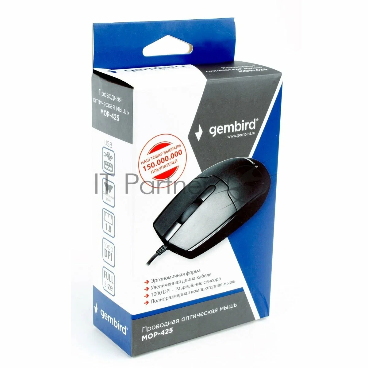 Мышь проводная Gembird MOP-425 черный, 1000 dpi, USB, кнопки - 3