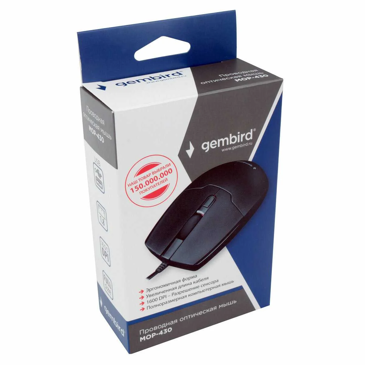 Мышь проводная Gembird MOP-430 черный, 1600 dpi, USB, кнопки - 4