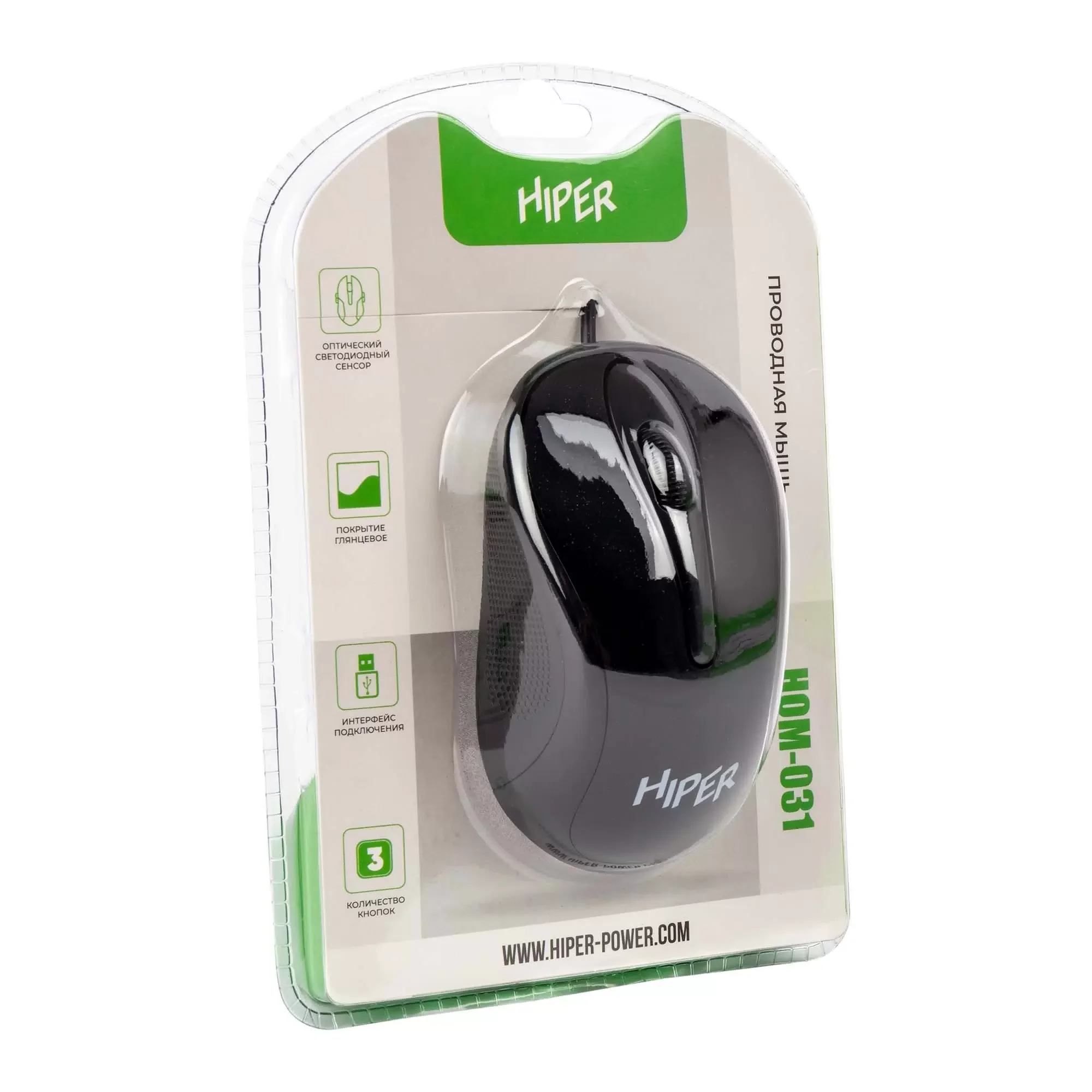 Мышь проводная HIPER HOM-031 черный, 1000 dpi, USB, кнопки - 3