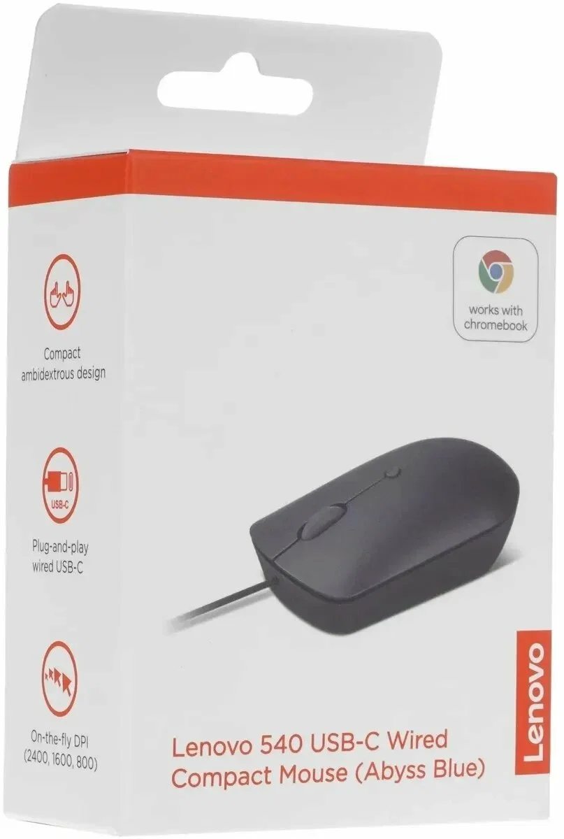 Мышь проводная Lenovo 540 синий, 2400 dpi, USB-C, кнопки - 4