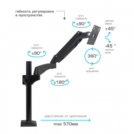 Кронштейн для монитора Kromax OFFICE-11 black, настол. 15"-32", max 10 кг, 6 ст св., нак. ±45°,