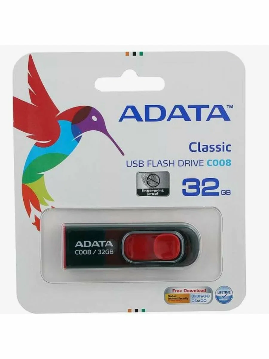 Флешка USB ADATA С008 (AC008-32G-RKD), 32Gb, USB 2.0, R/W 15/5, черный/красный