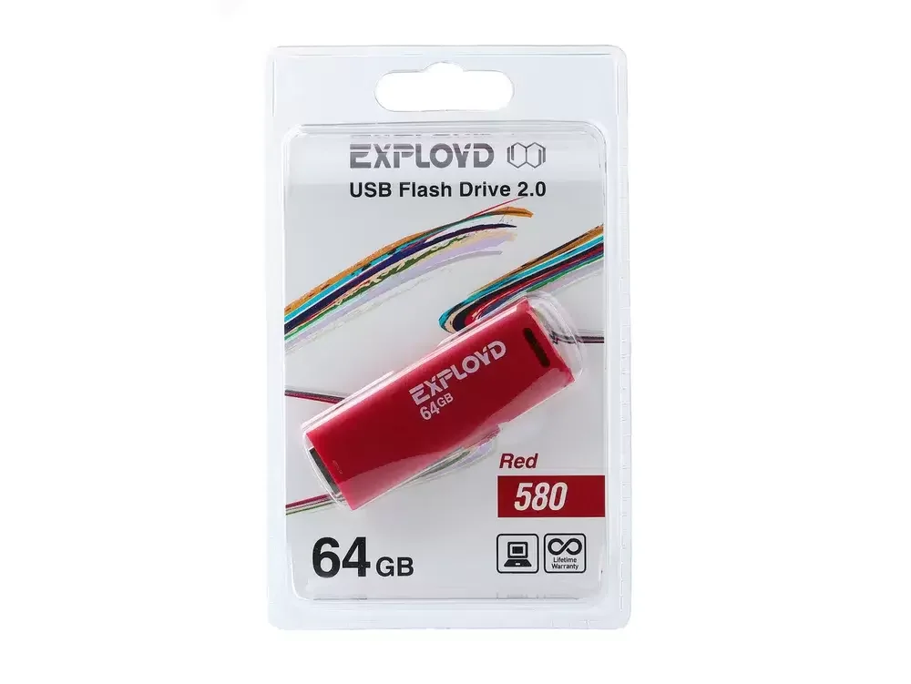 Флешка USB Exployd 580 Red (EX-64Gb-580-Red), 64Gb, USB 2.0, R/W 15/8, красный