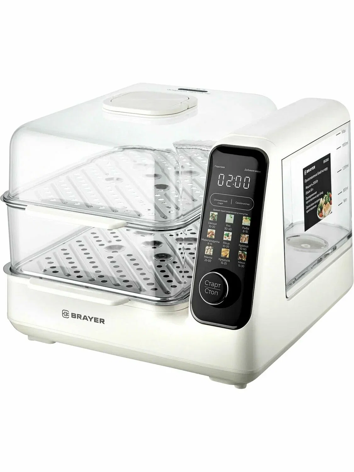 Пароварка BRAYER BR2860, 2050Вт, 10л, ёмк. для воды 2л,тайм 2-24ч, сенс.упр. самоочистка,автоотключ