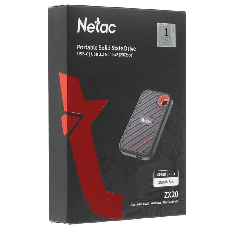 Внешний SSD Netac ZX20, 1TB, USB 3.2 Gen 2x2 Type-C, R/W 2000/1800, черный