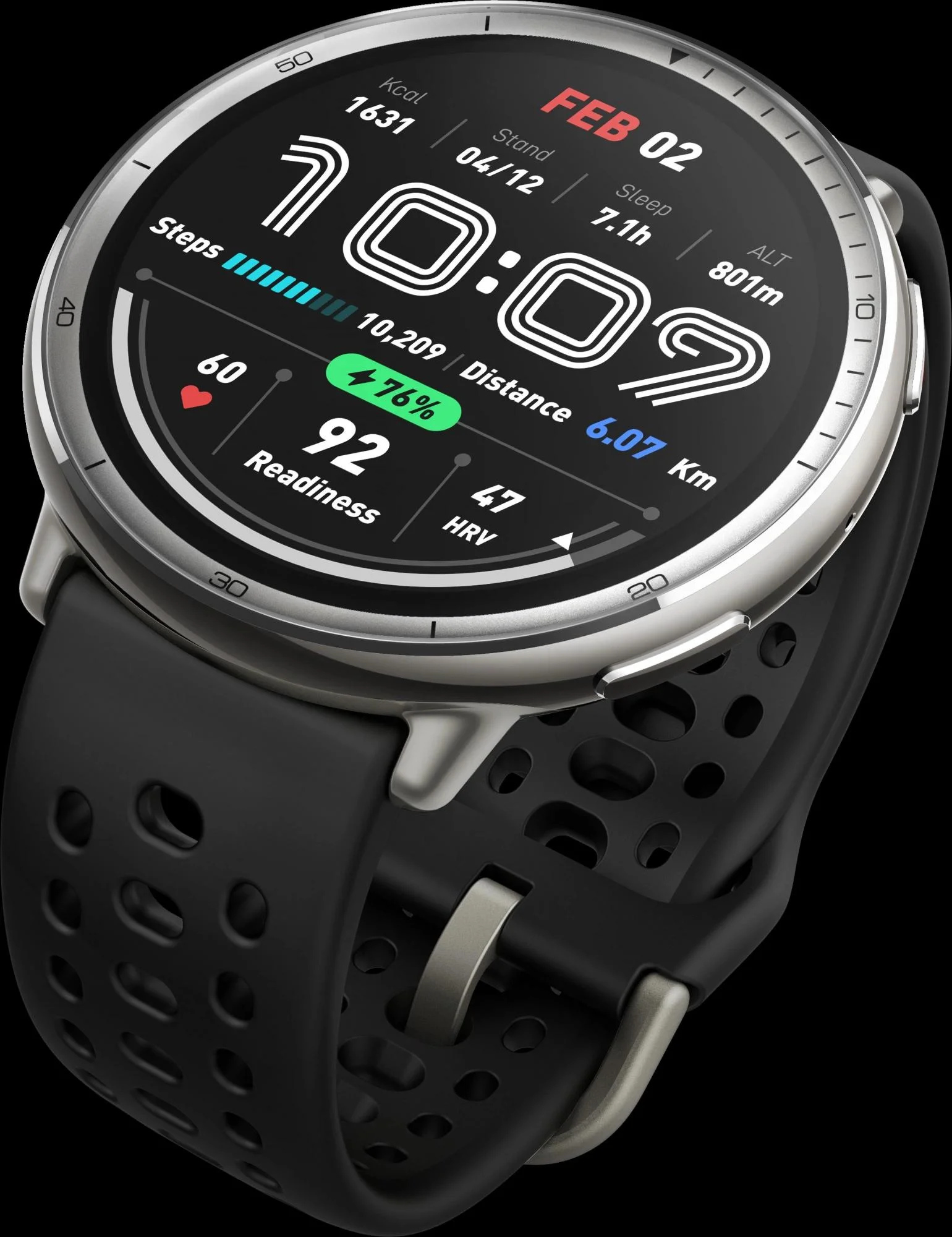 Умные часы Amazfit Active 2R A2437 Premium 43.9мм 1.32" AMOLED корп.серебристый рем.черный разм.брасл.:150-210мм (1746931)