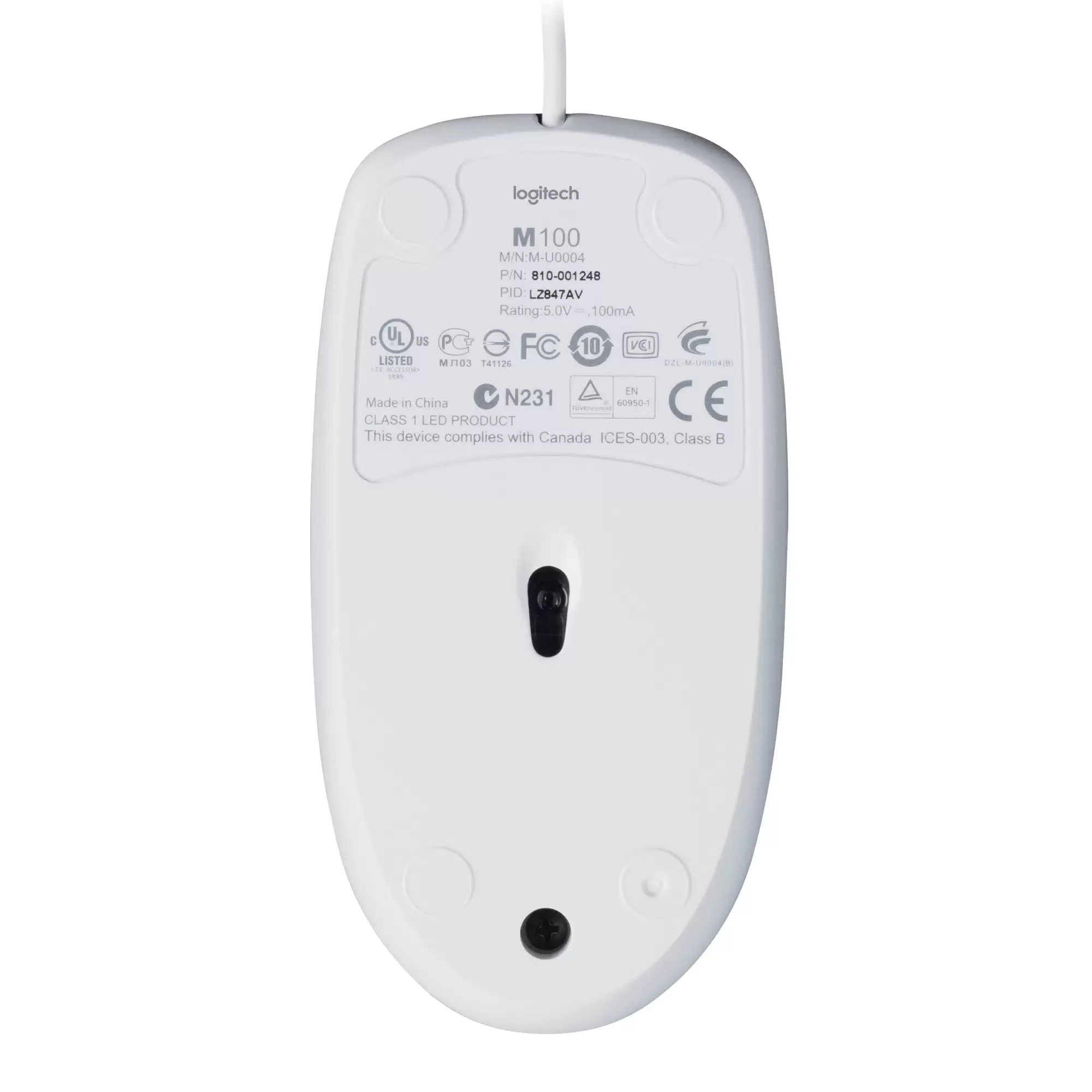 Мышь проводная Logitech M100R белый, 1000 dpi, USB, кнопки - 3