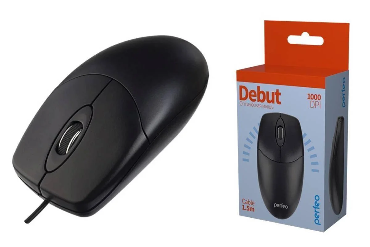 Мышь проводная Perfeo DEBUT черный, 1000 dpi, USB, кнопки - 3