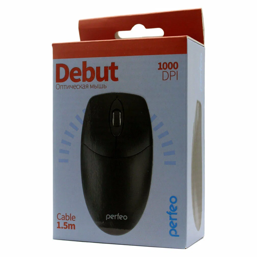 Мышь проводная Perfeo DEBUT черный, 1000 dpi, USB, кнопки - 3