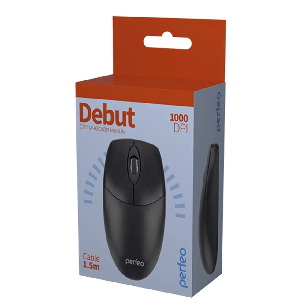 Мышь проводная Perfeo DEBUT черный, 1000 dpi, USB, кнопки - 3
