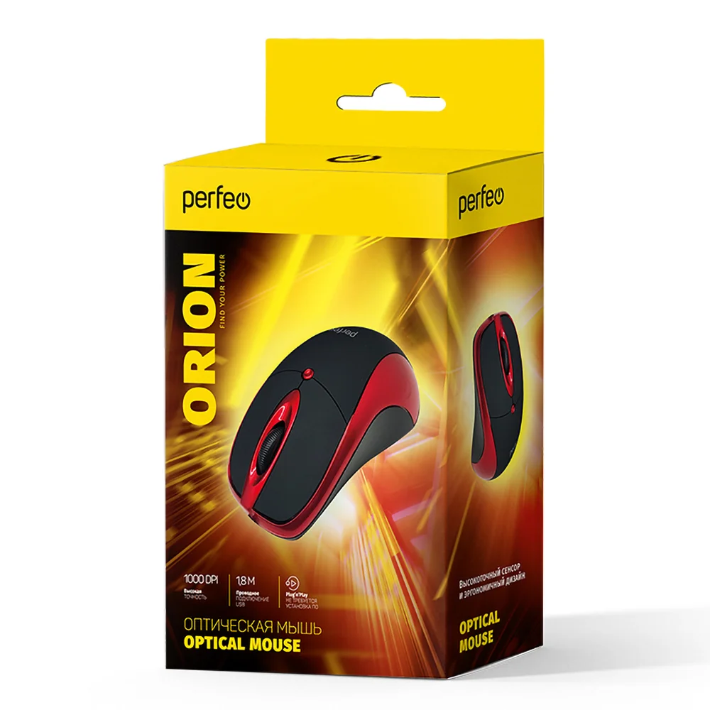 Мышь проводная Perfeo ORION черный/красный, 1000 dpi, USB, кнопки - 3