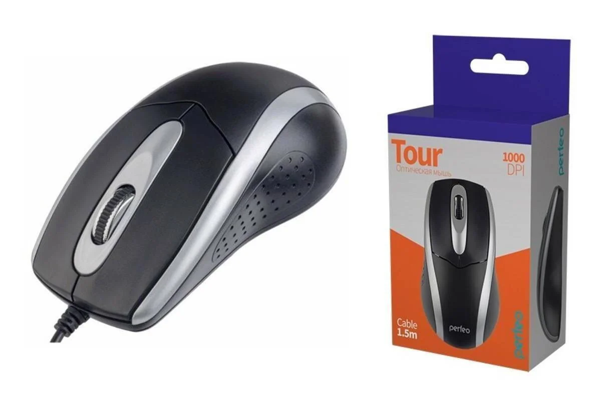 Мышь проводная Perfeo TOUR черный/серебристый, 1000 dpi, USB, кнопки - 3
