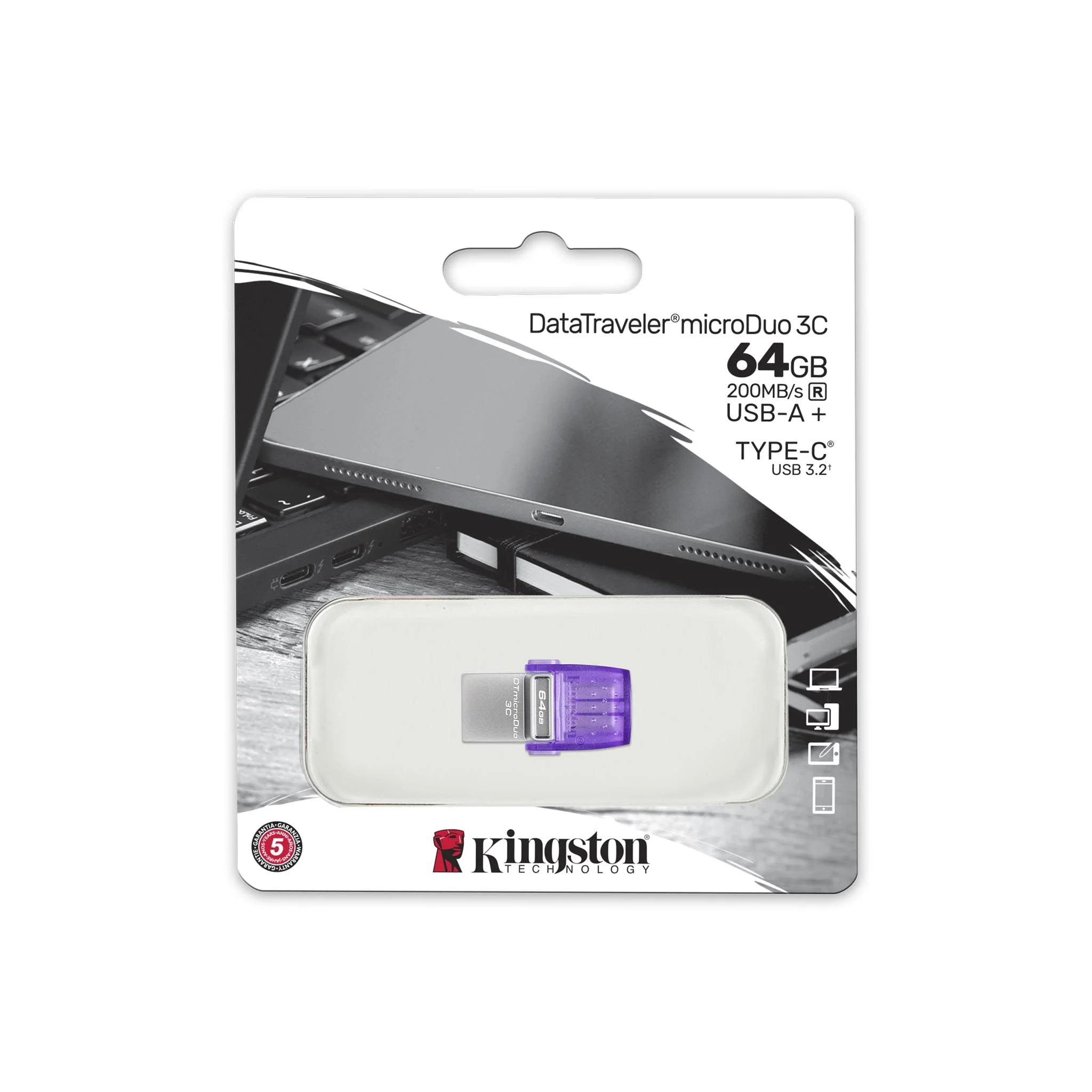 Флешка USB Kingston DataTraveler microDuo 3C (DTDUO3CG3/128Gb), 128Gb, USB 3.2 Gen 1/Type-C, R/W 200/15, фиолетовый