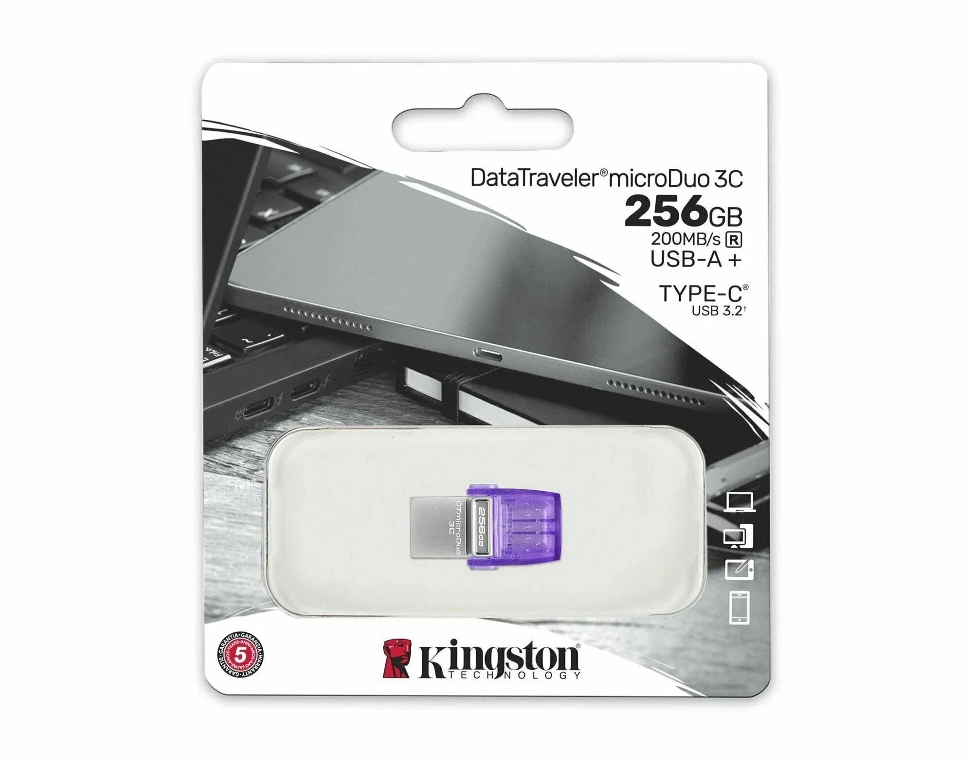 Флешка USB Kingston DataTraveler microDuo 3C (DTDUO3CG3/256GB), 256Gb, USB 3.2 Gen 1/Type-C, R/W 200/15, фиолетовый