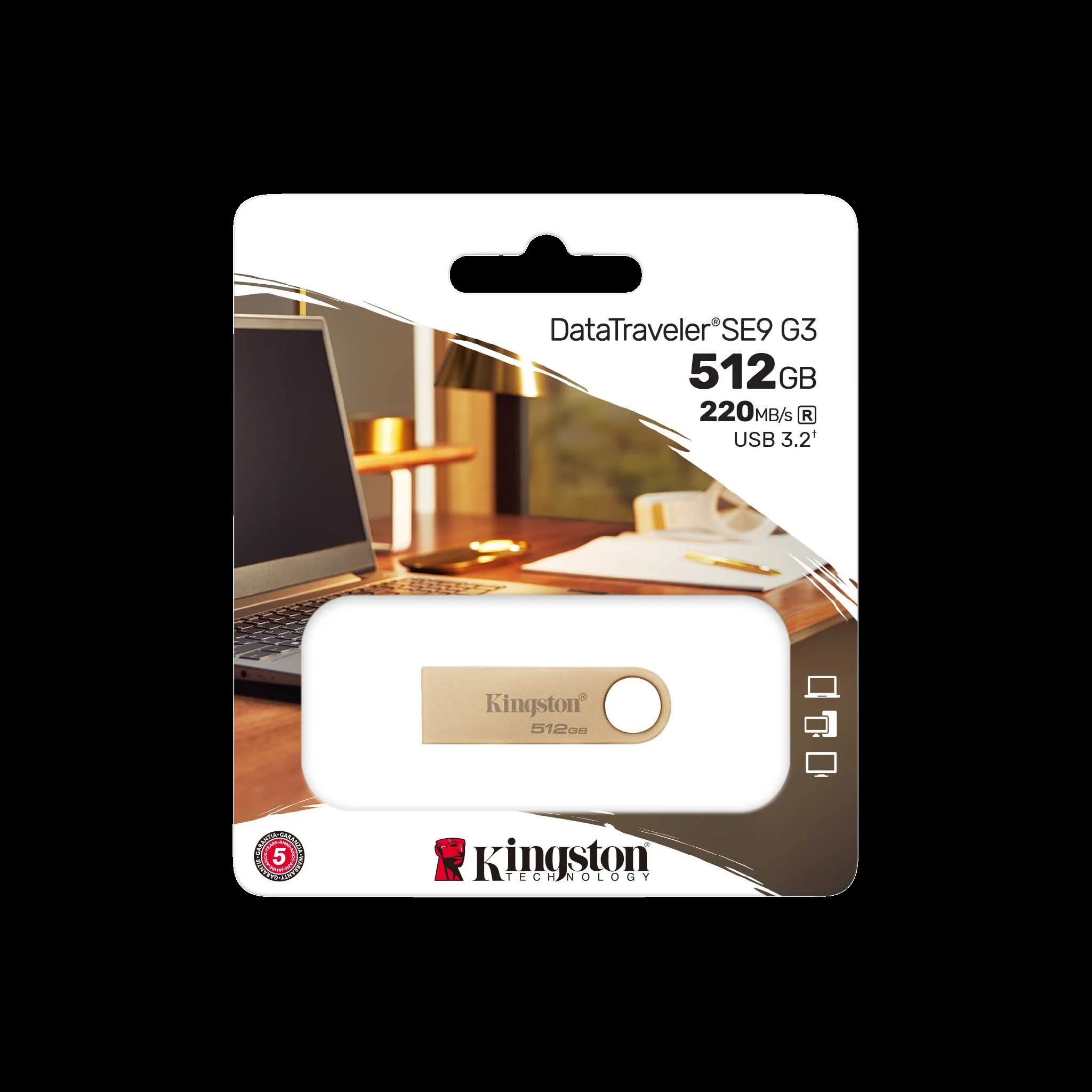 Флешка USB Kingston DataTraveler SE9 G3 (DTSE9G3/512Gb), 512Gb, USB 3.2 Gen 1, R/W 220/100, золотистый