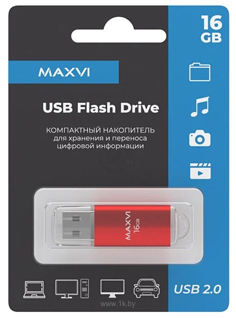 Флешка USB Maxvi MP2 red (FD16GbUSB20C10MP2), 16Gb, USB 2.0, R/W 15/5, красный/черный