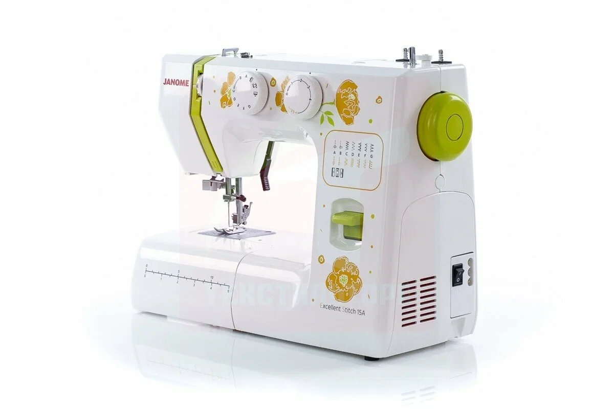 Швейная машина Janome Excellent Stitch 15A белый 85 Вт, 15 швейных операций, Вес 5.5 кг