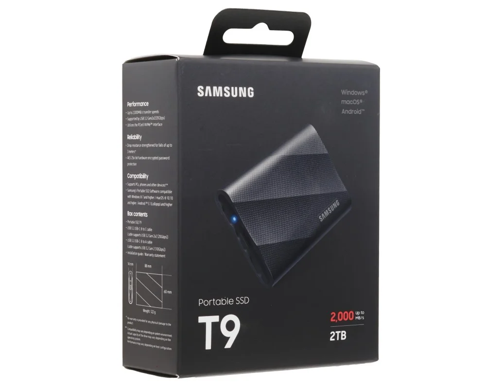 Накопитель SSD 2Tb Samsung T9 MU-PG2T0B/WW, V-NAND, USB 3.2 Gen 2 Type-C [R/W - 2000/2000 Mb/s] черный