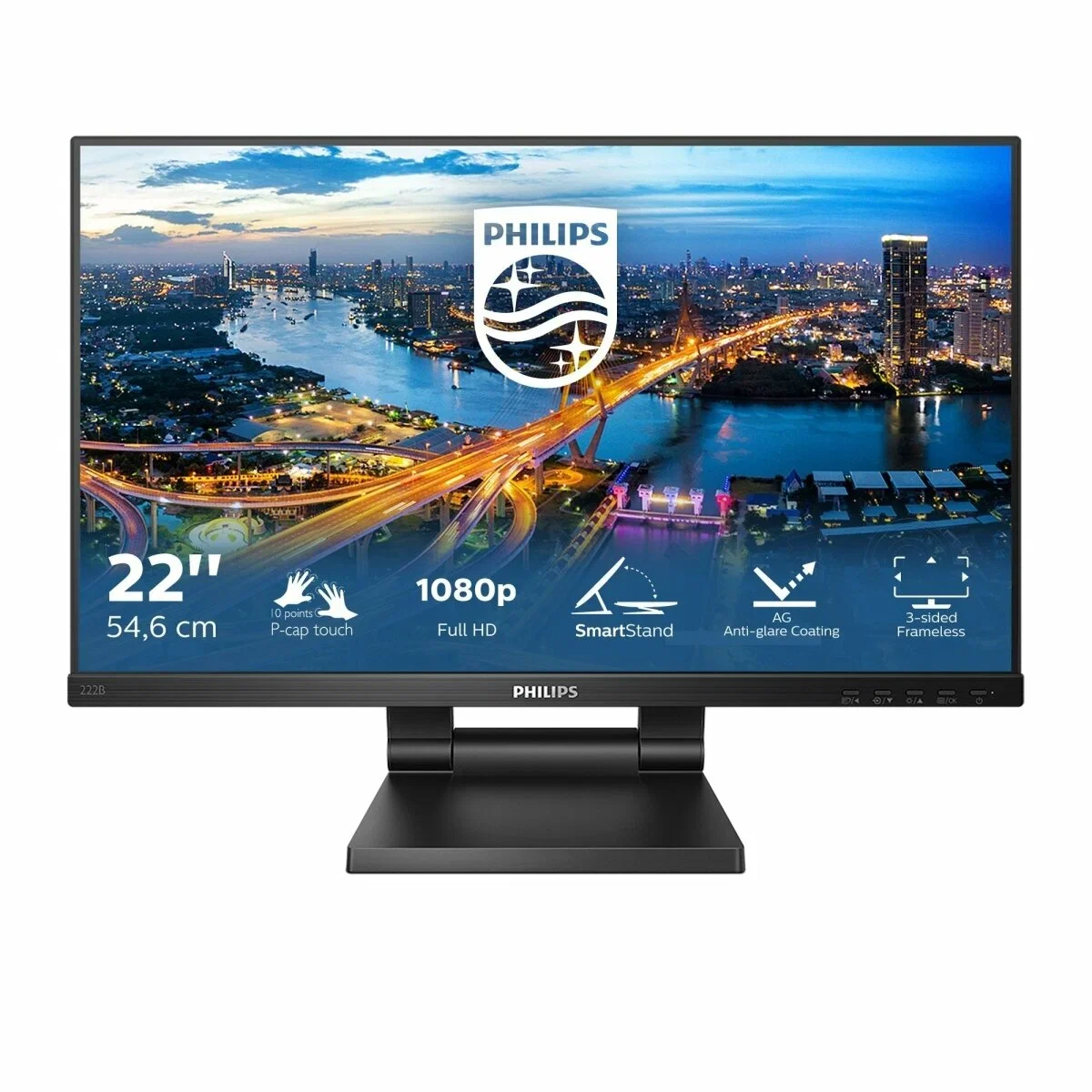 Монитор 21.5" PHILIPS 222B1TC Black (1920х1080(FHD) IPS, TOUCH, 75 Hz, 250 cd/m2, 1000:1, 50М:1, 4ms, VGA, HDMI, DP, USB-Hub, Height adj, Tilt, Speak