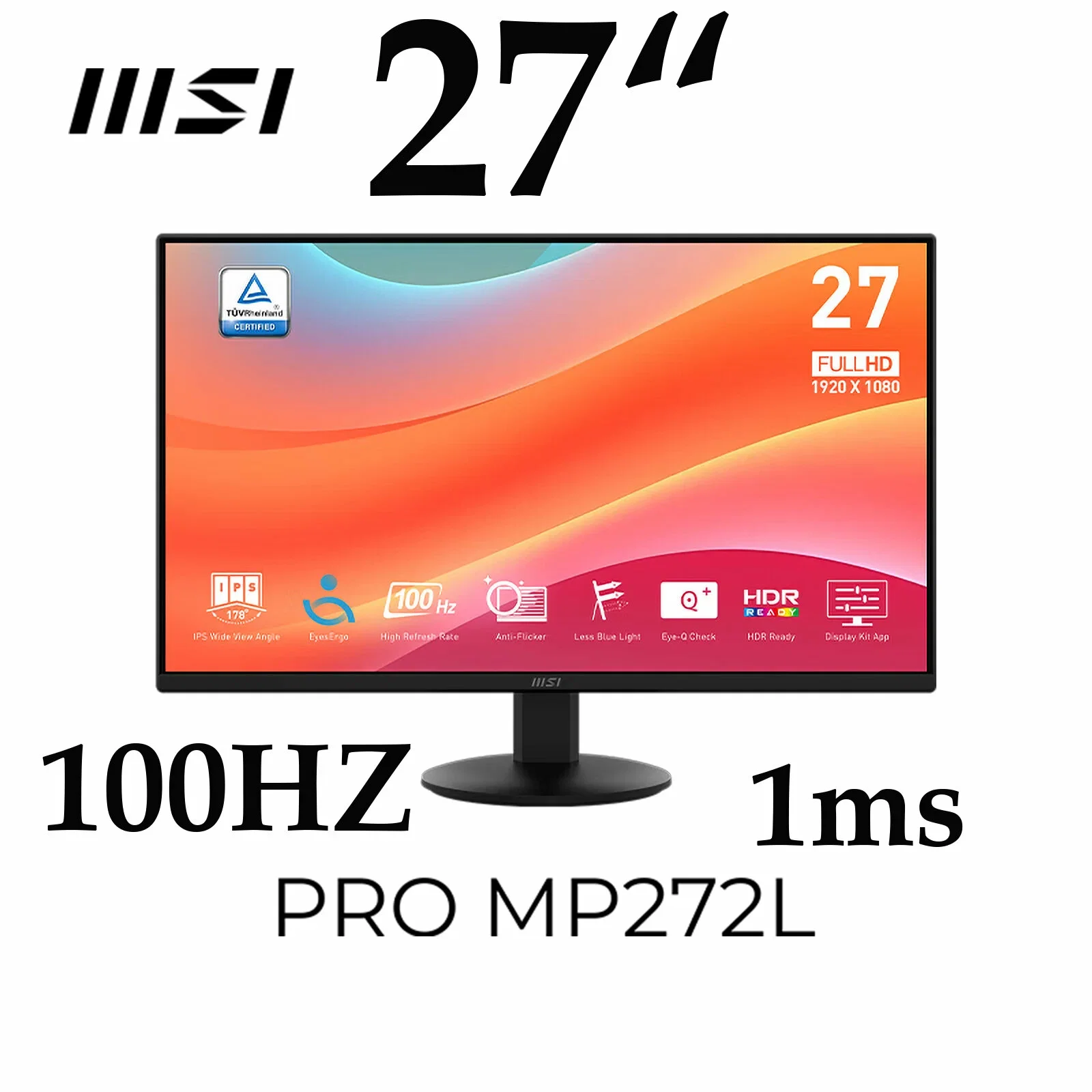 Монитор 27" MSI PRO MP272L Black (IPS, 1920x1080, HDMI+DP, 4 ms, 178°/178°, 250 cd/m, 1300:1, 100Hz) bp