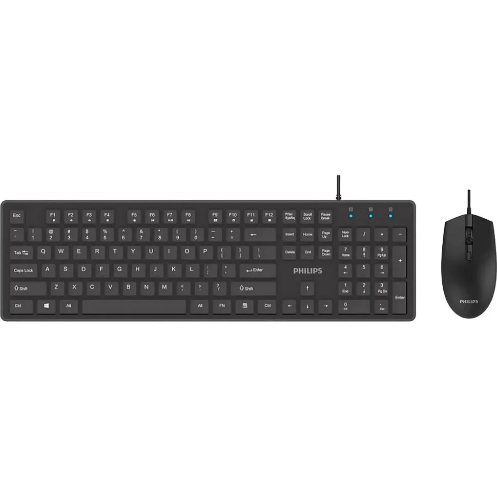 Комплект клавиатура + мышь проводной комплект Philips SPT6264, USB 2.0 104 клав/3 кнопки, 800-2400dpi, русская заводская раскладка, черный