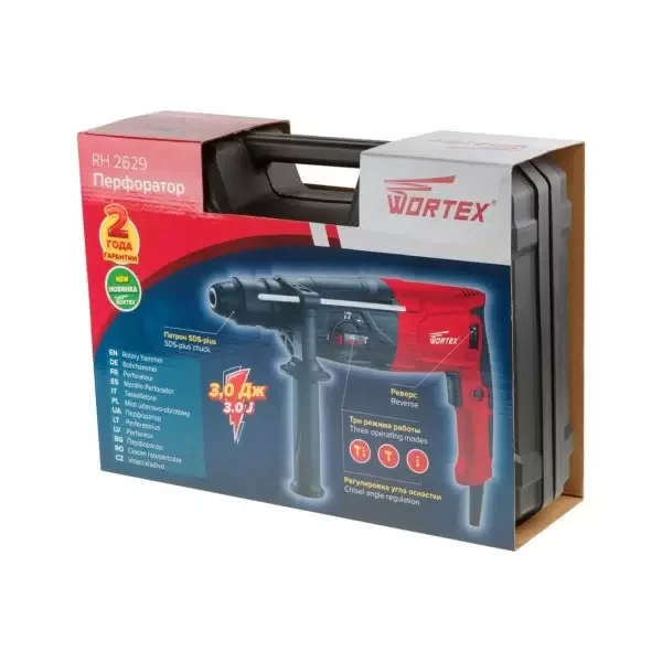 Перфоратор Wortex RH 2629, в чемодане, 2 зубила, 3 сверла, 800 Вт, 3.0 Дж, 3 режима, патрон SDS-plus, быстросъемный БЗП, вес 3.1 кг, (RH262901)