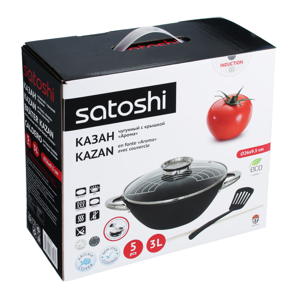 VETTA SATOSHI Казан чугун, 3 л, антипр.покр, нерж.ручки, решетка, стекл.крышка,нейлон.лопатка,бамб.п