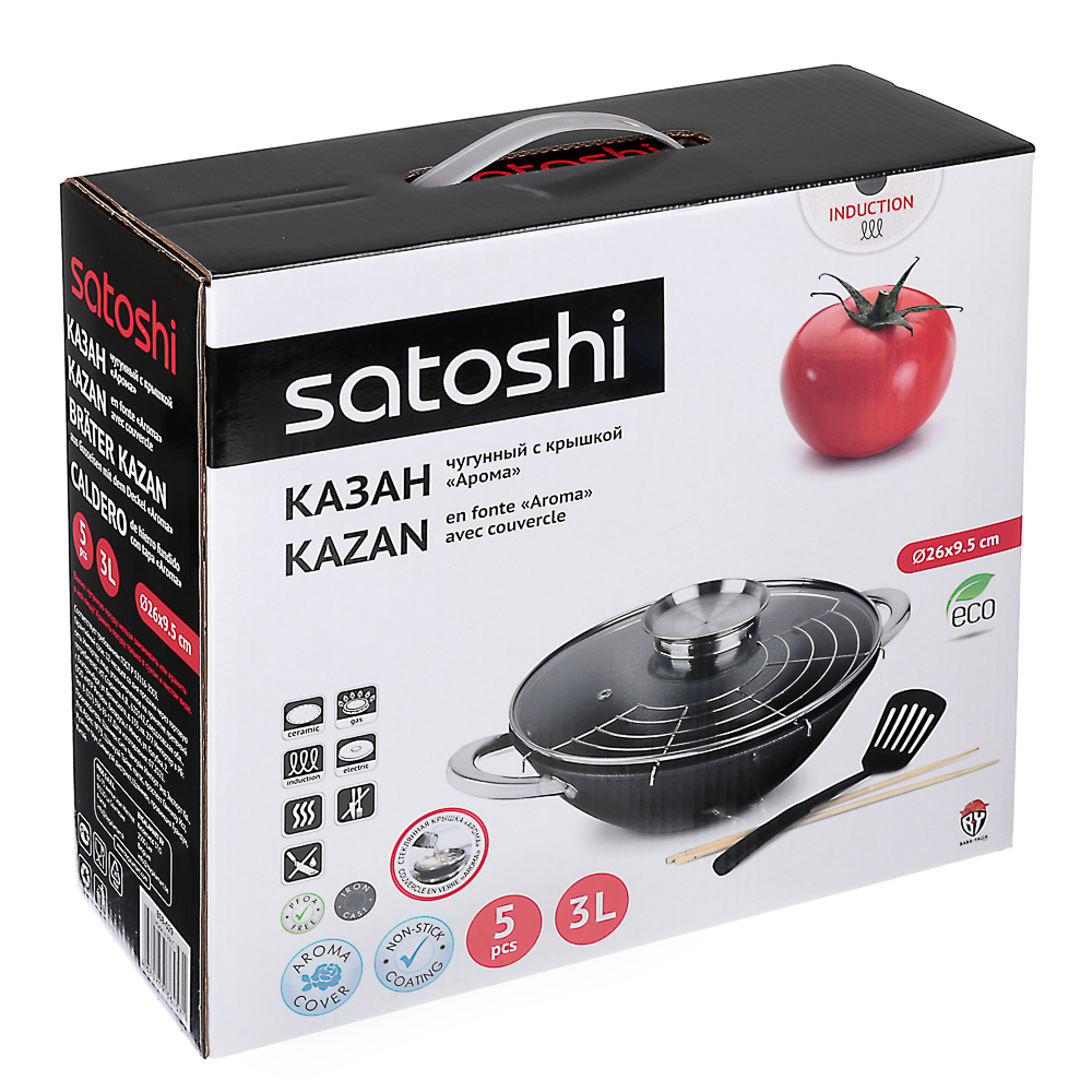 VETTA SATOSHI Казан чугун, 3 л, антипр.покр, нерж.ручки, решетка, стекл.крышка,нейлон.лопатка,бамб.п