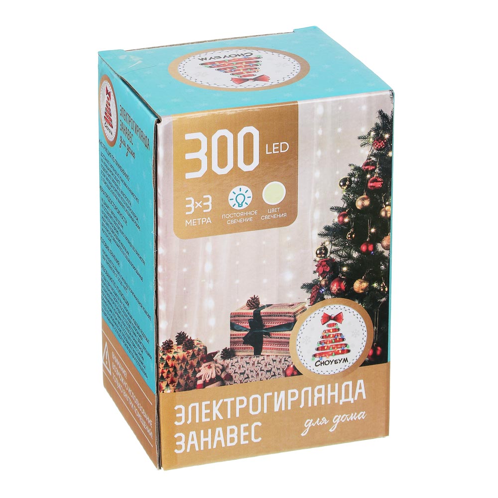 VETTA СНОУ БУМ Гирлянда эл. занавес нить 300 LED, 3х3м, 10 нитей, шампань, пост. свечение,медь, 220В