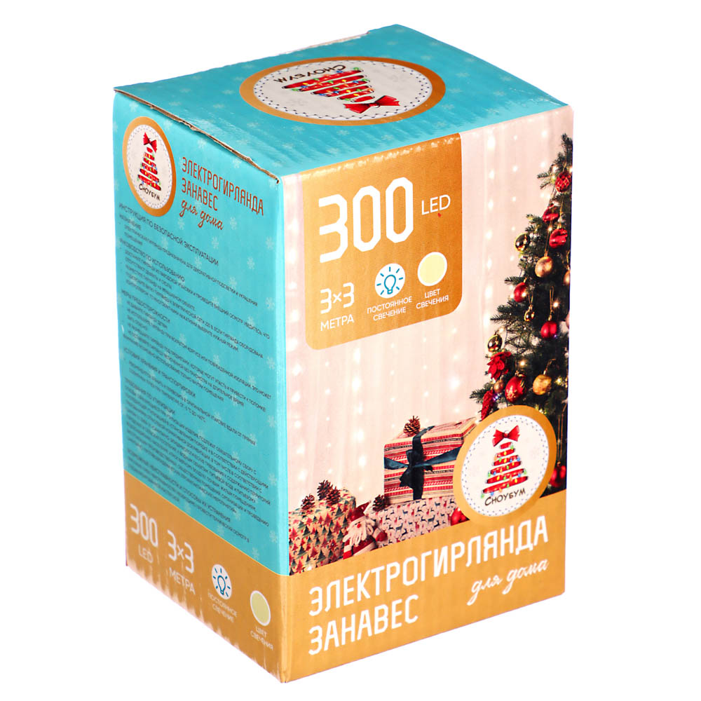 VETTA СНОУ БУМ Гирлянда эл. занавес нить 300 LED, 3х3м, 10 нитей, шампань, пост. свечение,медь, 220В