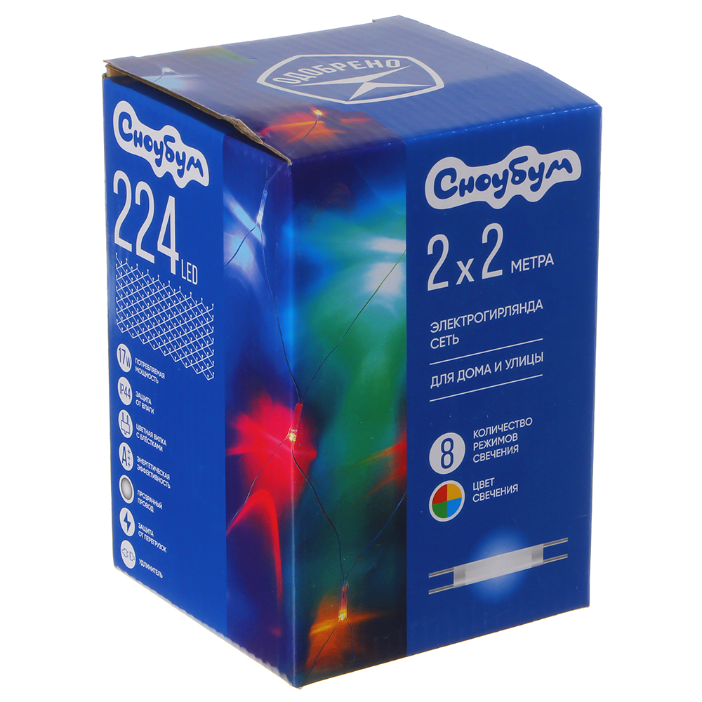 VETTA СНОУ БУМ Гирлянда электр. сеть, 224LED, 2x2м, аква, 8 реж, ПВХ провод, 220В