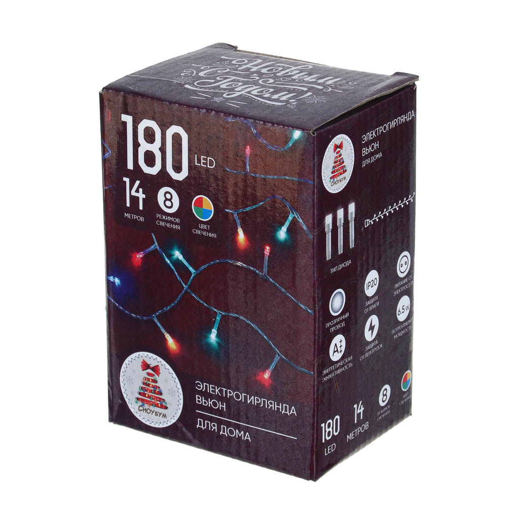 VETTA СНОУ БУМ Гирлянда электрическая Вьюн 14м, 180 LED, мультицвет, 8 реж, прозрачный провод, 220В