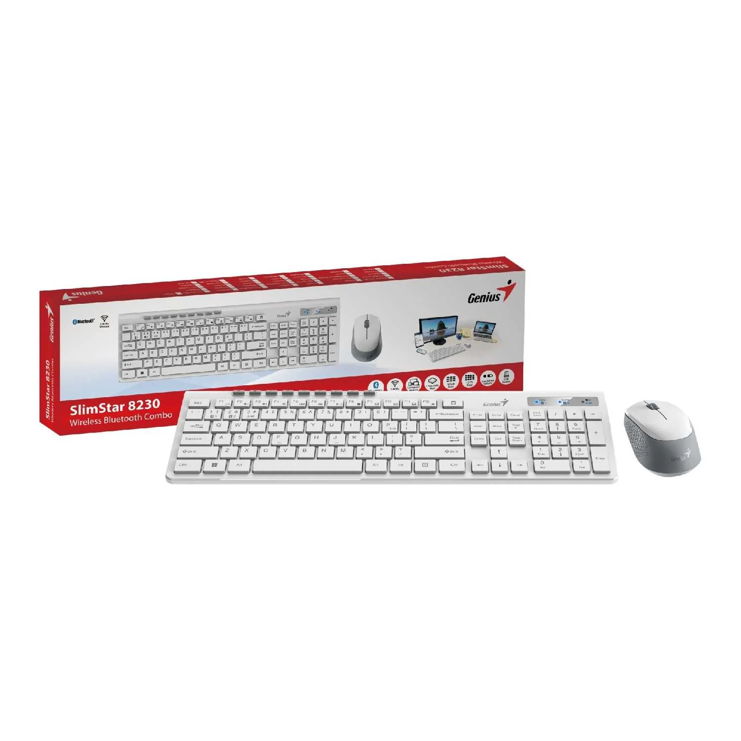 Комплект клавиатура+мышь Genius SlimStar 8230 беспроводной, USB + Bluetooth, 1000 DPI, белый