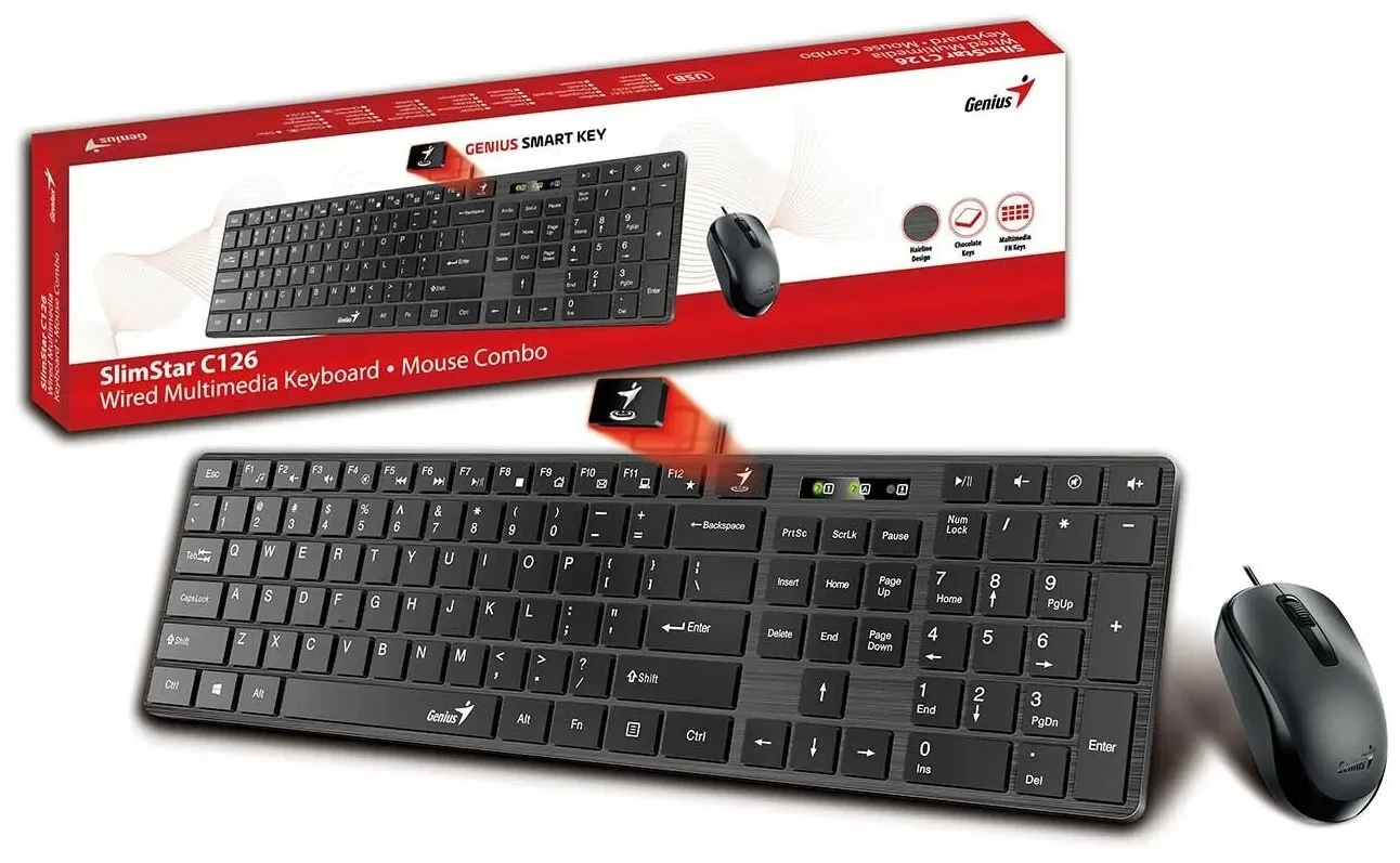Комплект клавиатура+мышь Genius SlimStar C126 проводной, USB, 1000 DPI, чёрный