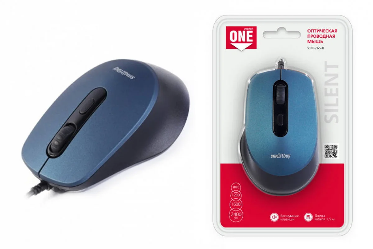 Мышь проводная беззвучная Smartbuy ONE 265-B синяя / 40 SBM-265-B