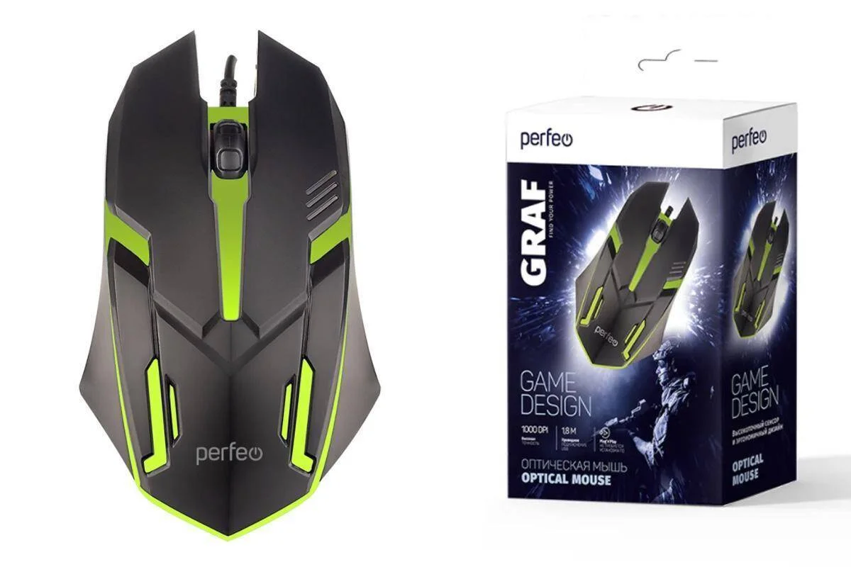 Мышь проводная оптическая Perfeo "GRAF", 3 кн, USB, черный, GAME DESIGN, 7 цв. подсветка, 1000 DPI PF_A4798