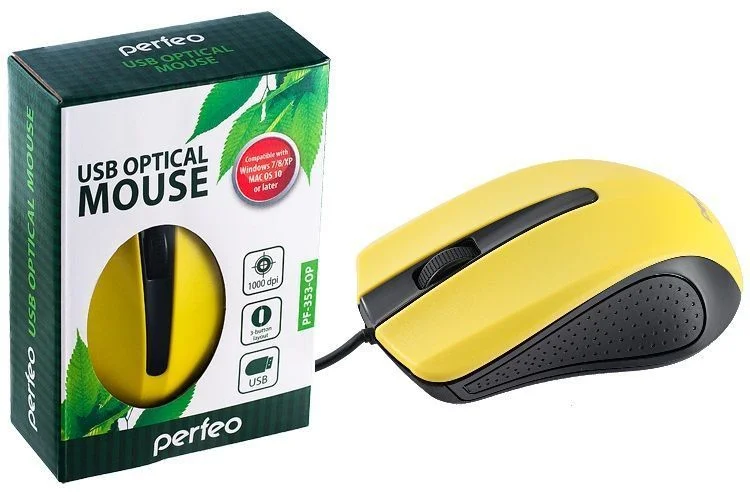 Мышь проводная оптическая Perfeo "RAINBOW", 3 кн, USB, 1,8 м, черный/желтый PF_3443
