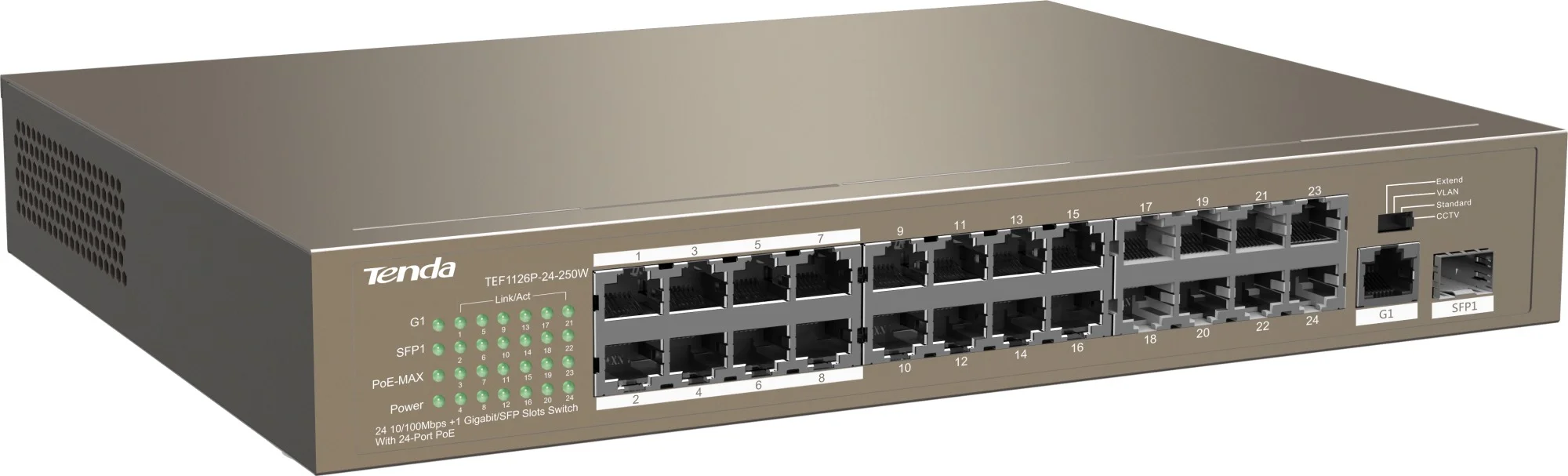 Коммутатор Tenda TEF1126P-24-250W 26-Портовыйбез управления FE c 24 портами PoE