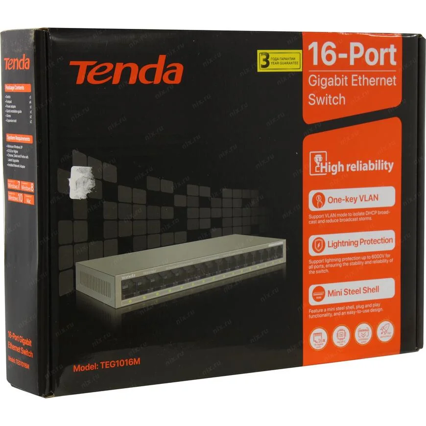 Коммутатор Tenda TEG1016M неуправляемый 16-портовыйGigabit Ethernet