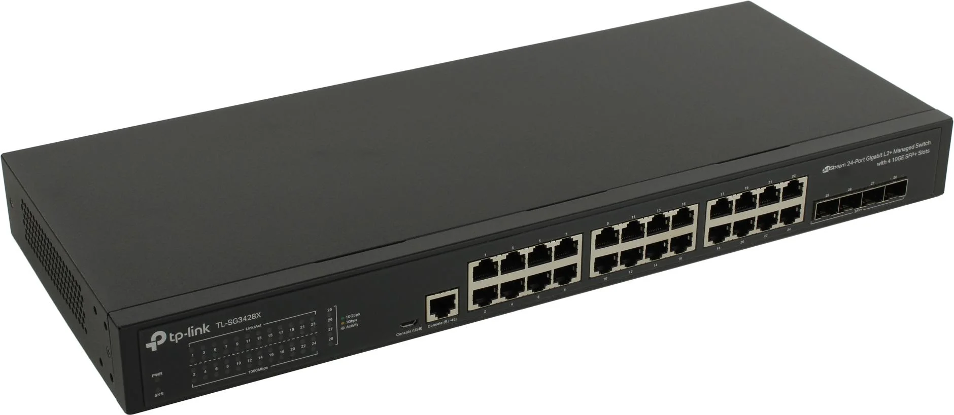 Коммутатор TP-Link JetStream 24-port Pure-Gigabit L2+ Managed Switch, 24 10/100/1000Mbps RJ45, 4*10G SFP+ Slots