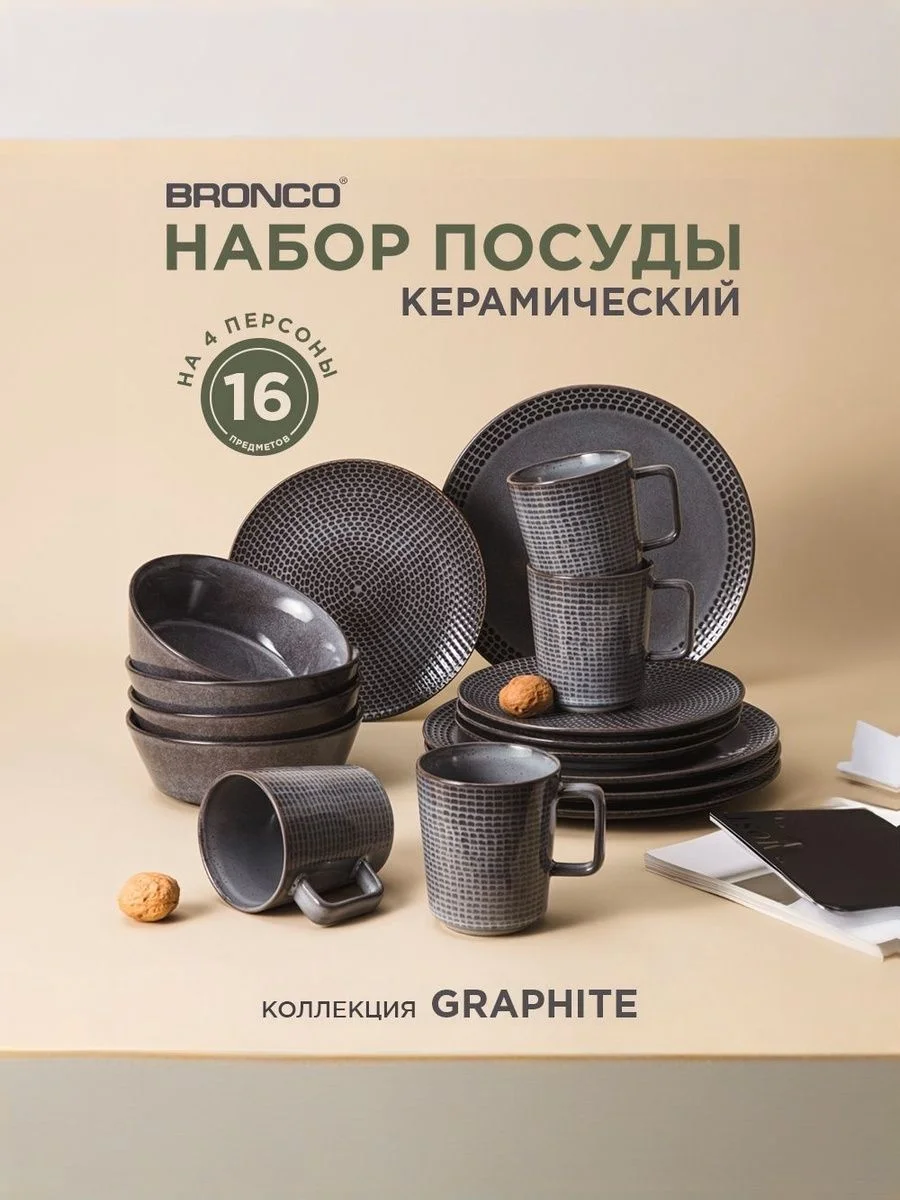 НАБОР ПОСУДЫ ОБЕДЕННЫЙ BRONCO "GRAPHITE" НА 4 ПЕР. 16 ПР. (КОР=1НАБ.)
