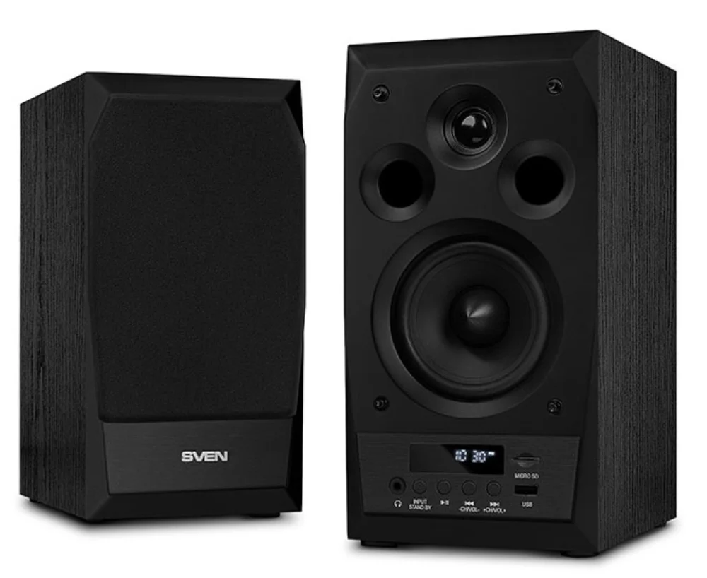Акустическая система 2.0 SVEN MC-10, чёрный, мощность 2x25Вт (RMS), FM-тюнер, USB/microSD, дисплей, пульт ДУ, Bluetooth SVEN MC-10, чёрный, акустическ