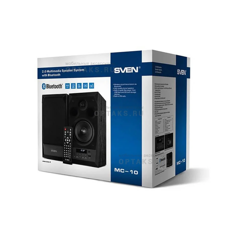 Акустическая система 2.0 SVEN MC-10, чёрный, мощность 2x25Вт (RMS), FM-тюнер, USB/microSD, дисплей, пульт ДУ, Bluetooth SVEN MC-10, чёрный, акустическ