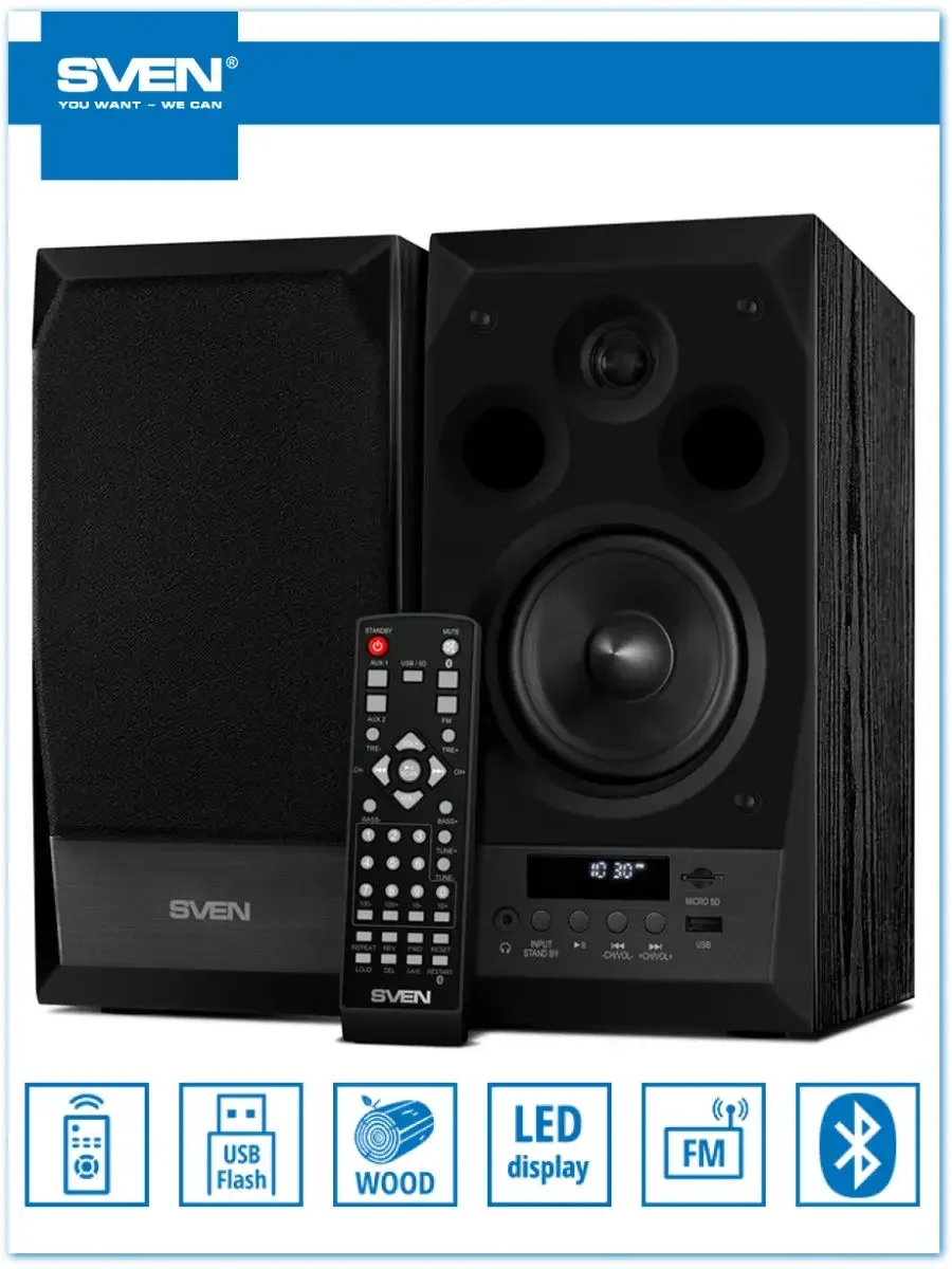 Акустическая система 2.0 SVEN MC-10, чёрный, мощность 2x25Вт (RMS), FM-тюнер, USB/microSD, дисплей, пульт ДУ, Bluetooth SVEN MC-10, чёрный, акустическ